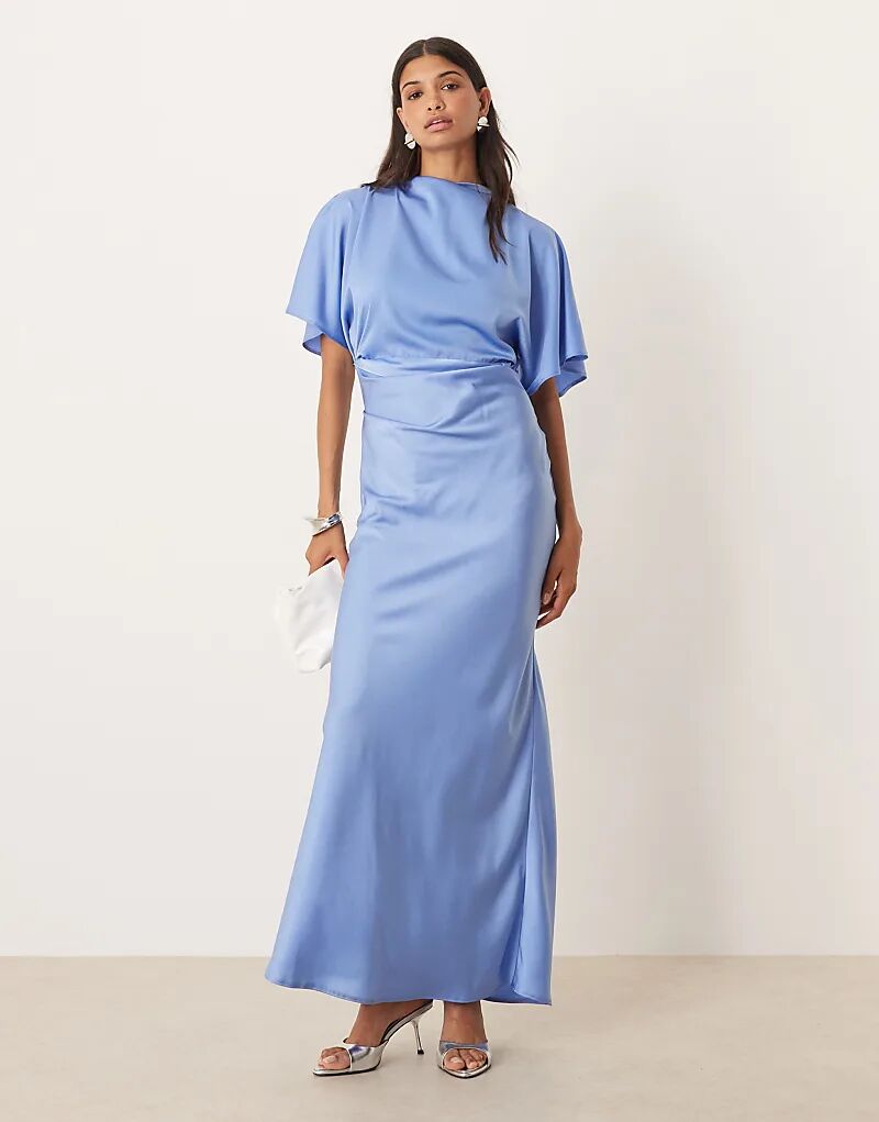 

Платье-блузон макси из атласа ASOS DESIGN с высоким воротом и рукавами-крылышками синего цвета