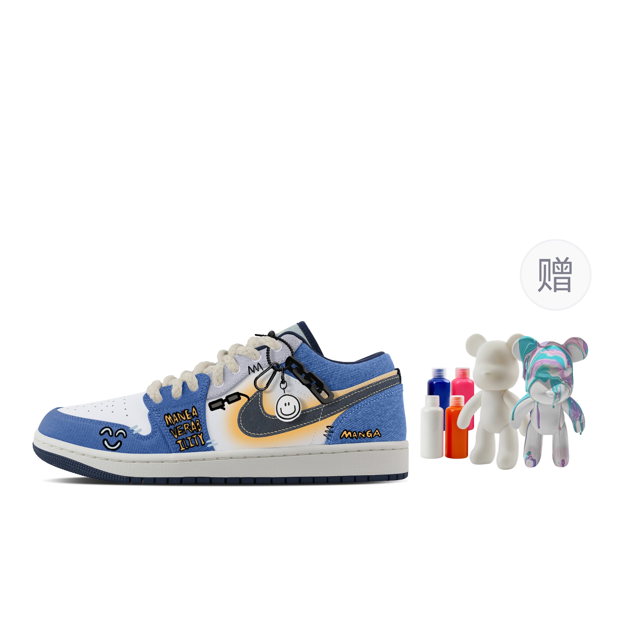 

Jordan Баскетбольные кроссовки Air 1 Toy City, Fluid Bear, износостойкие, винтажные, низкие, мужские, сине-белые