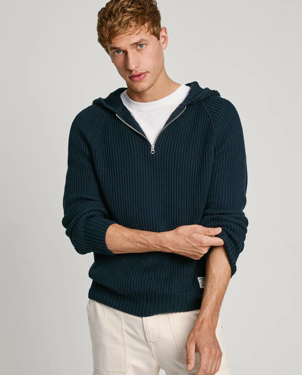 

Мужской свитер в рубчик с капюшоном Pepe Jeans, темно-синий