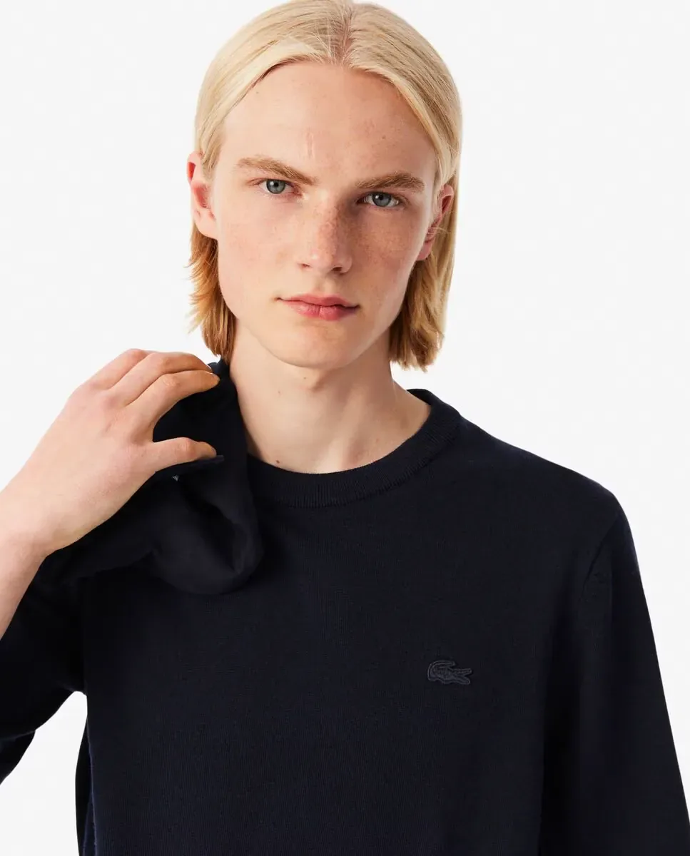 Джемпер мужской Lacoste из мериносовой шерсти, круглый вырез, темно-синий — фото 3