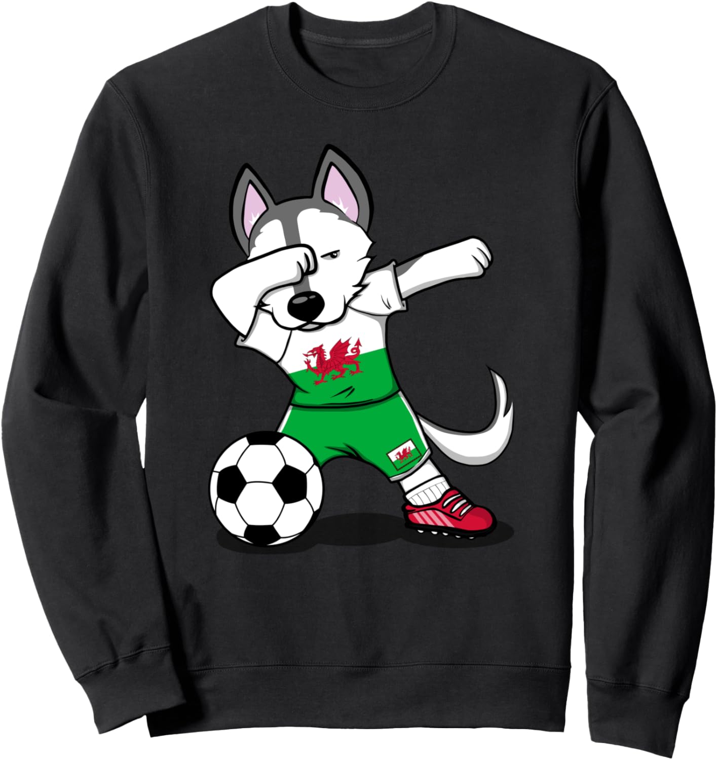 

Забавная собачка хаски, делающая «дэб», милая собачка хаски, футбол, флаг Уэльса, спортивная толстовка Teeisle Wales Football, черный