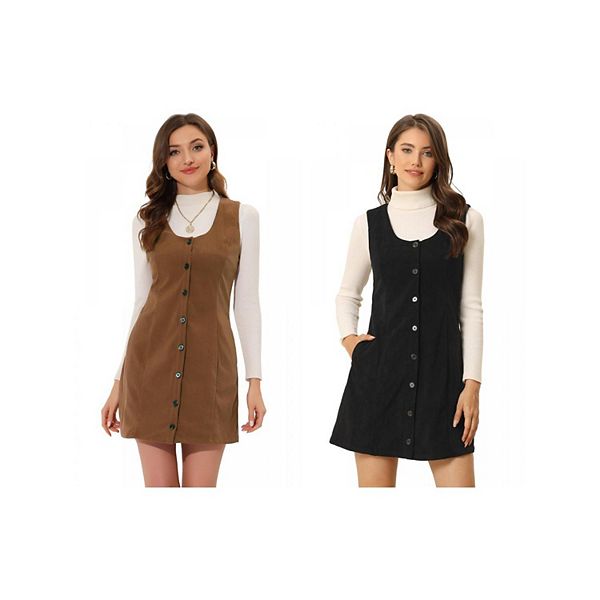 

2 упаковки женского комбинезона из вельвета с пуговицами, круглым вырезом и карманами Allegra K, Brown Black