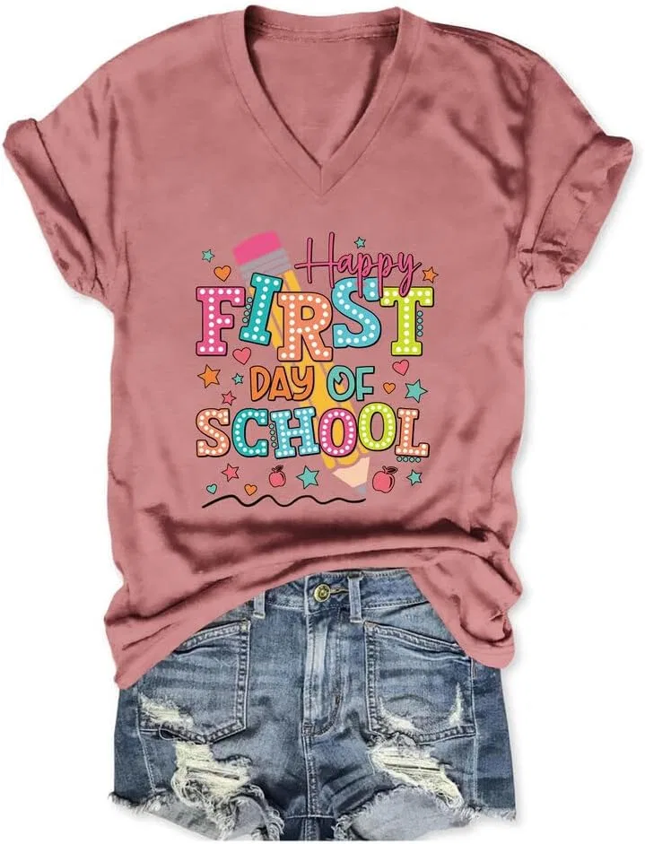 Футболка с принтом, повседневная, Happy First Day of School, розовый