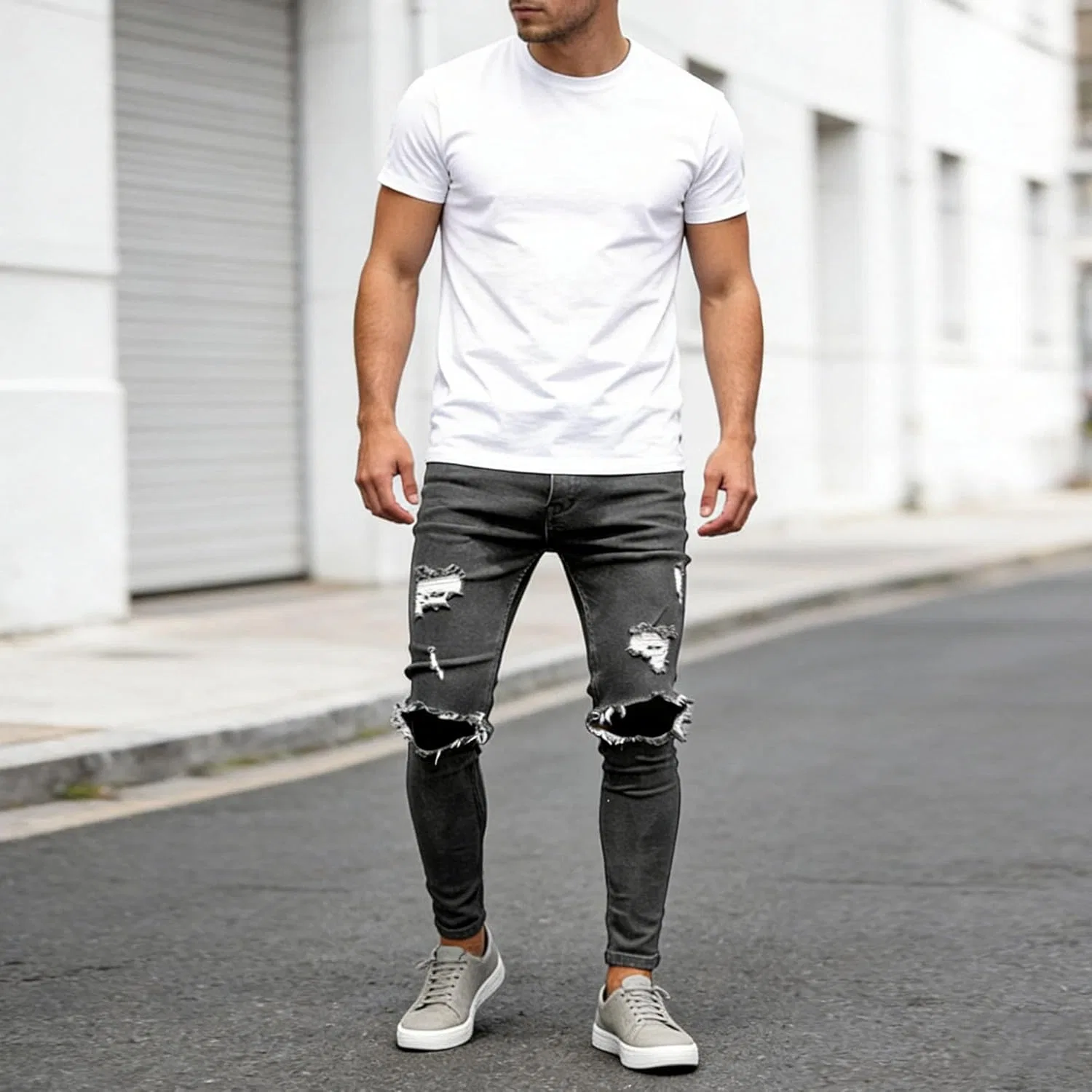 Джинсы Slim Fit рваные, серый — фото 2