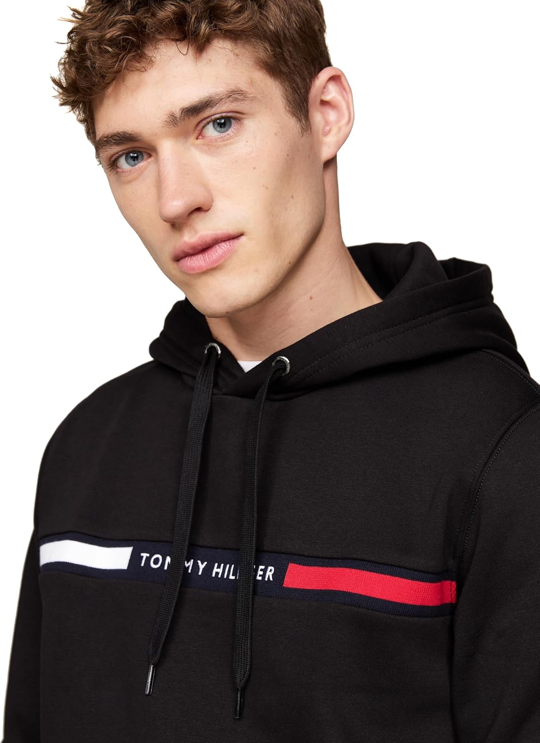 Мужская флисовая толстовка Tommy Hilfiger средней плотности с капюшоном и фирменным полосатым логотипом, Black — фото 2