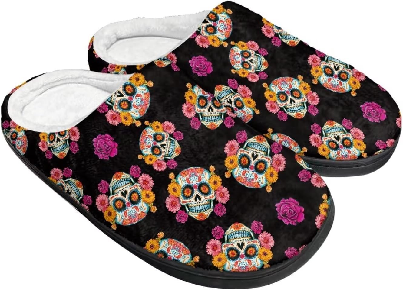 

Женские тапочки против скольжения, мужские домашние тапочки на Рождество, теплые и мягкие домашние тапочки для зимы и осени Baxinh, Black-skull Rose