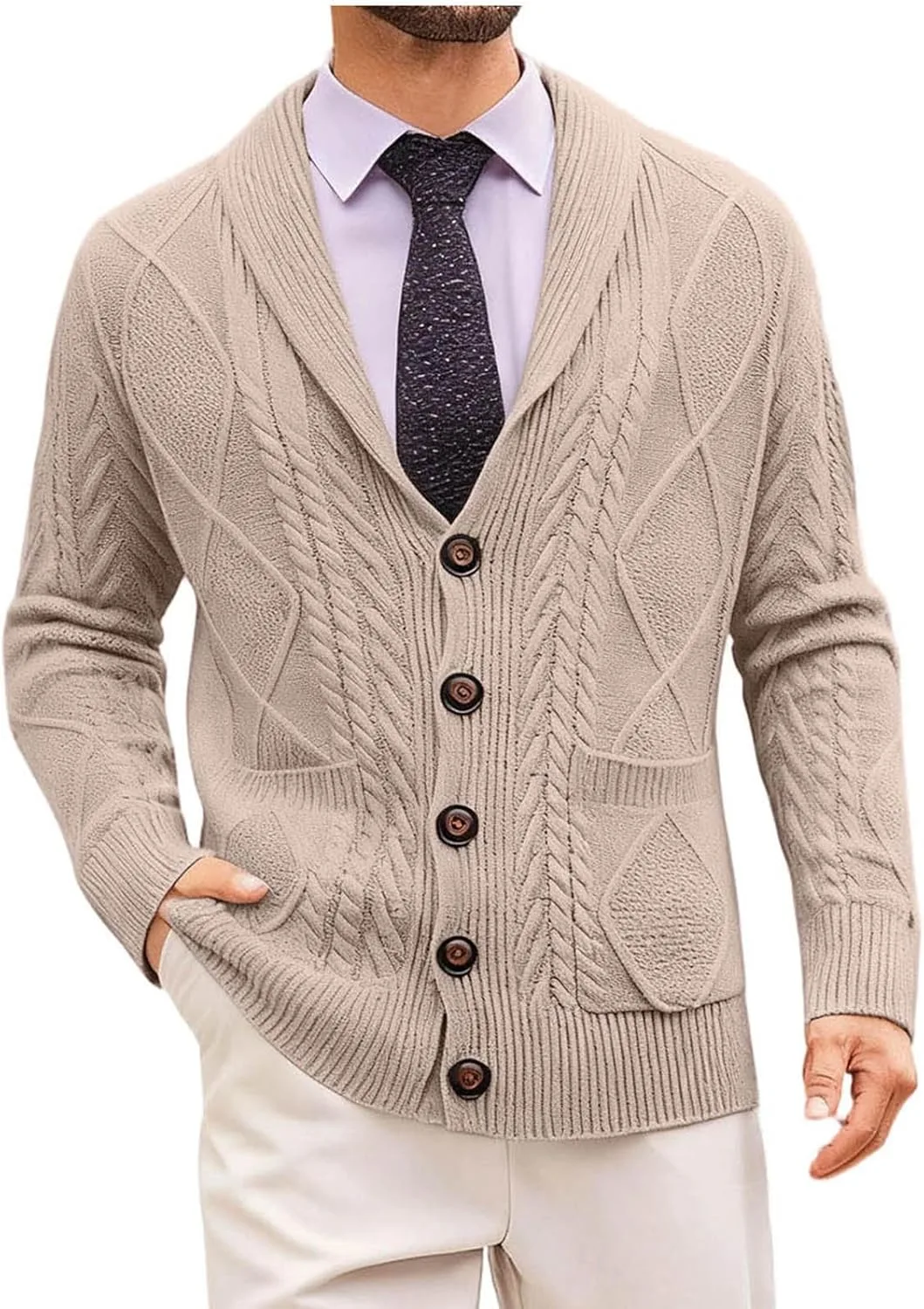 

Мужской кардиган с воротником шаль, кабельной вязкой и карманами