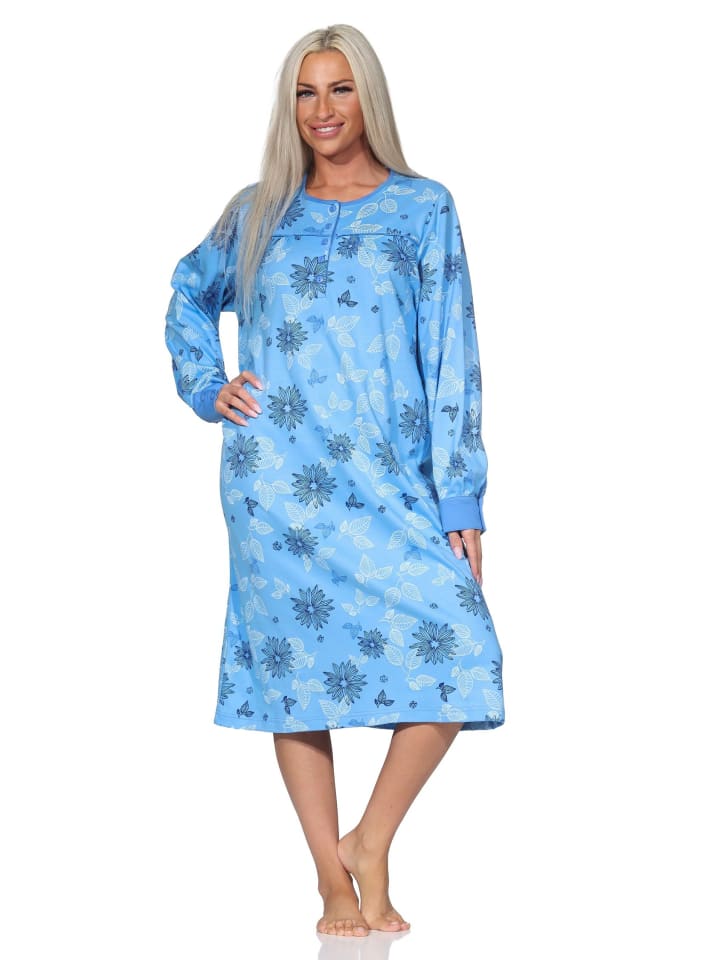 

Уютная ночная рубашка из интерлока с длинными рукавами синего цвета NORMANN