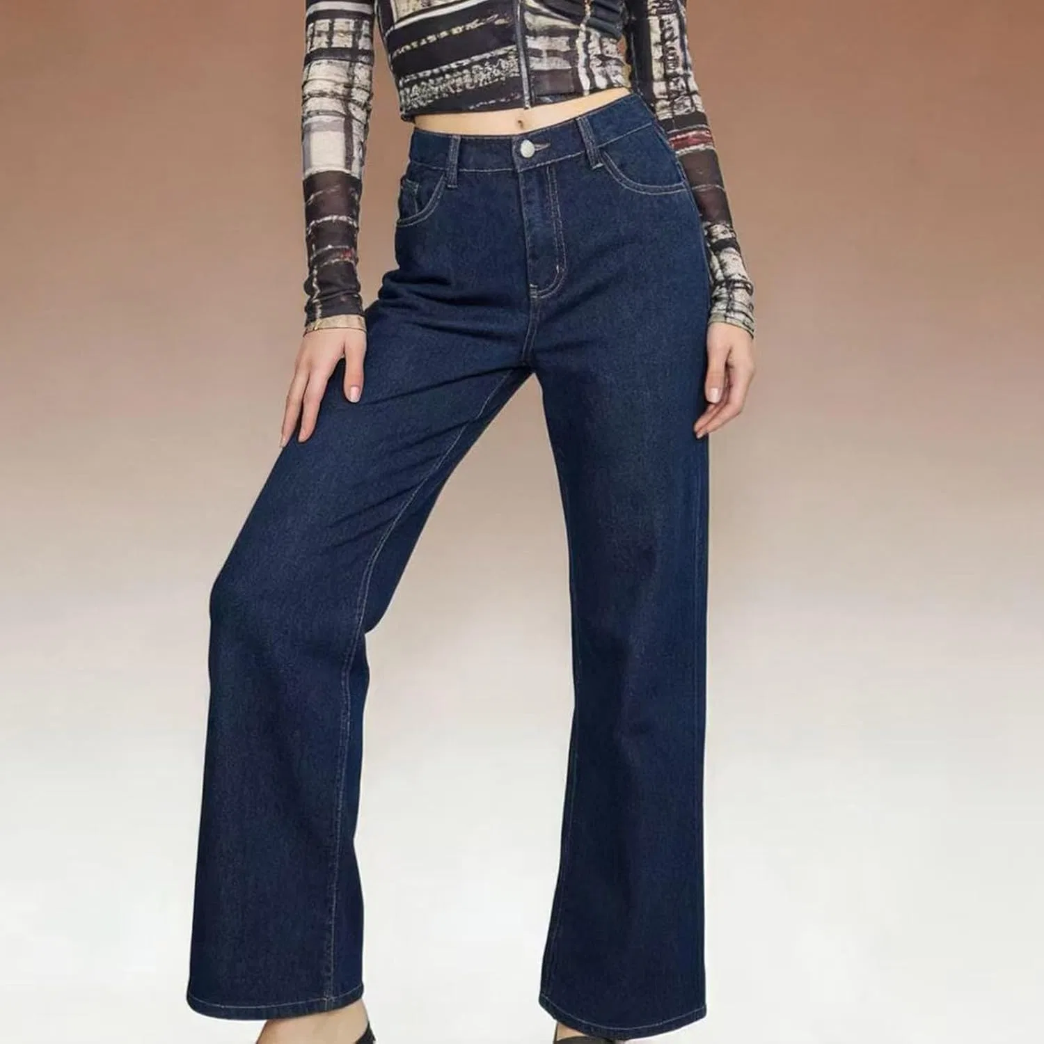 Джинсы прямые широкие Women's Straight Wide Leg Jeans Plus Size Mid-Waist Button Stretchy Denim Pants Casual Baggy Jean Pant with Pockets, темно-синие — фото 2