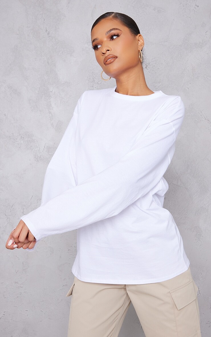 

PrettyLittleThing Хлопковая белая футболка оверсайз с длинным рукавом, Белый, PrettyLittleThing Хлопковая белая футболка оверсайз с длинным рукавом