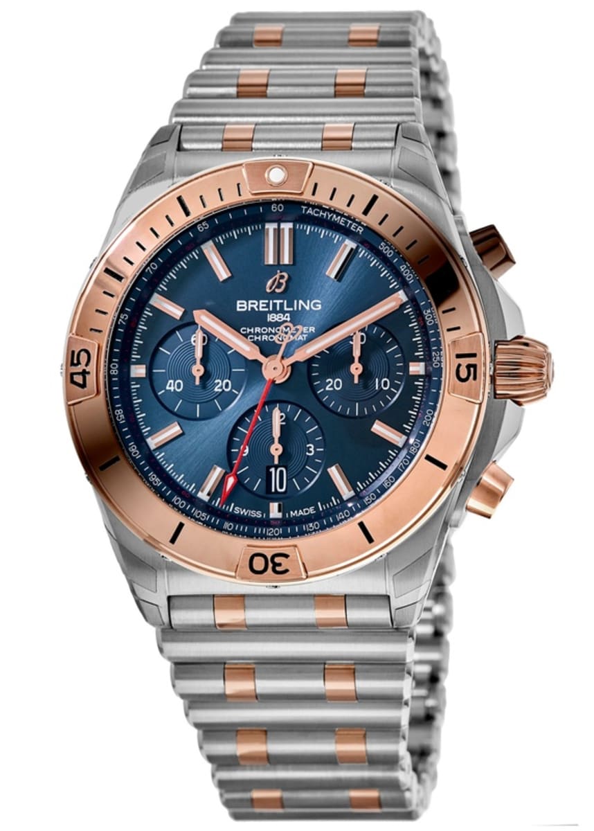 

Мужские часы Breitling Chronomat B01 42 с автоматическим хронографом, синим циферблатом, безелем из розового золота и сталью, UB0134101C1U1