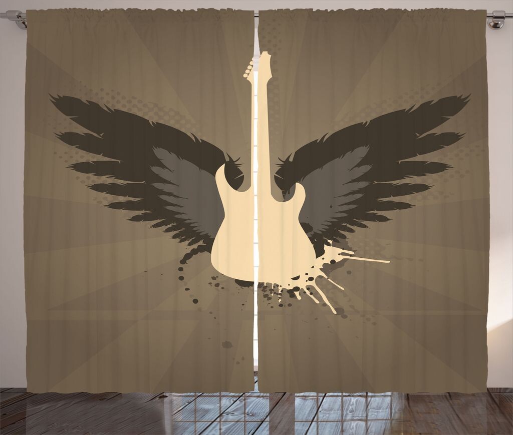 

Занавеска ABAKUHAUS Music в деревенском стиле, гитара Rock Talent Wings, универсальные ленточные шторы для гостиной с петлями и крючками, 280 x 260 см, антрацитово-серый горчичный и коричнево-умбровый цвета, коричневый