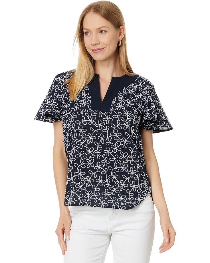 

Топ Tommy Hilfiger Embroidered Flutter Sleeve, цвет Sky Captain/Bright White