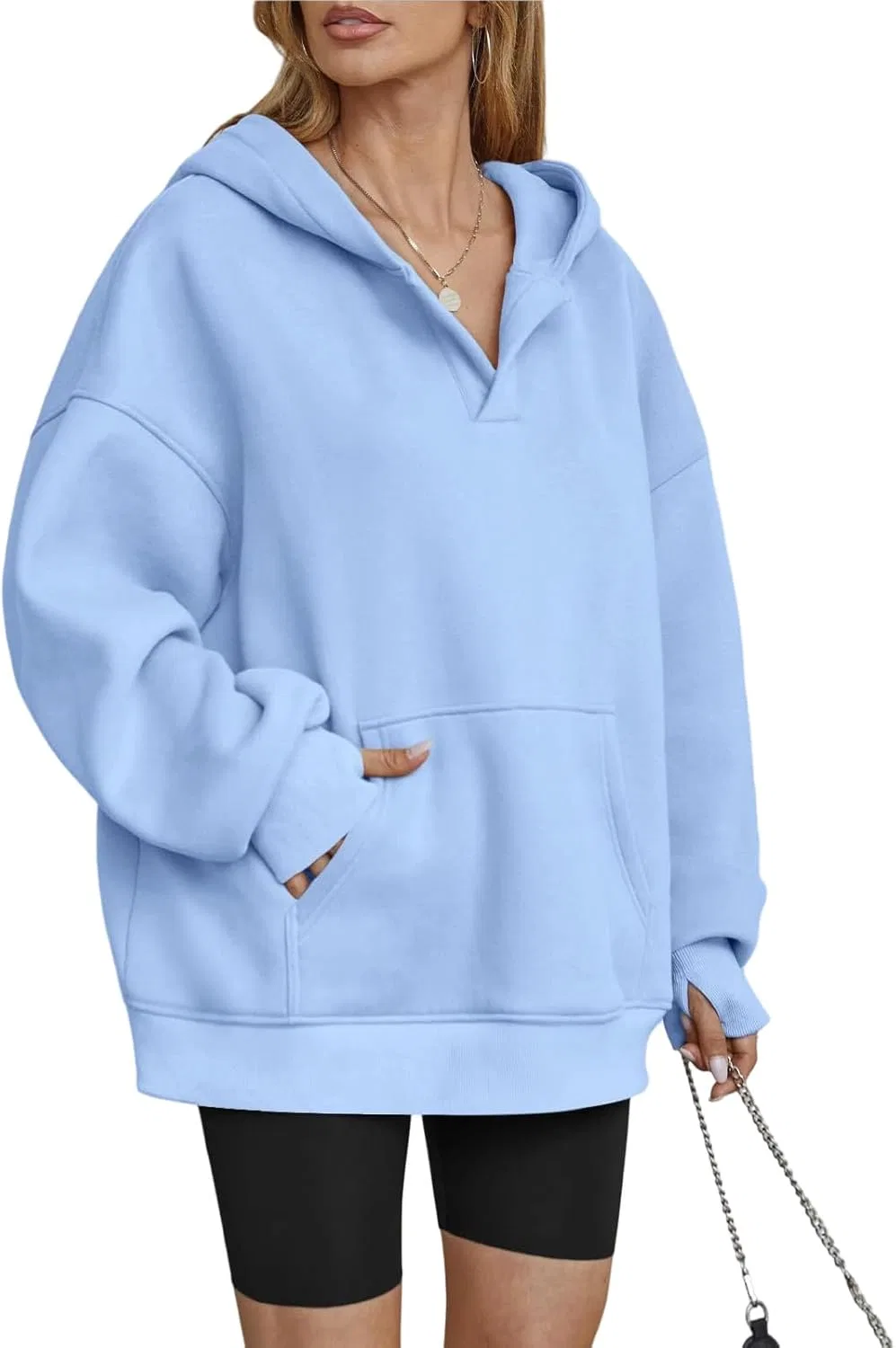 Женская худи оверсайз V-образный вырез, флис с отверстием для большого пальца, Light Blue