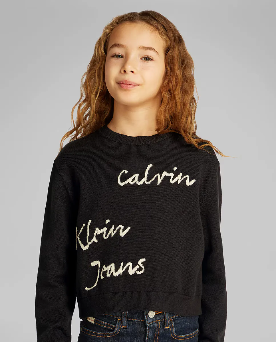 

Свитер для девочек с круглым вырезом и логотипом Calvin Klein, чёрный