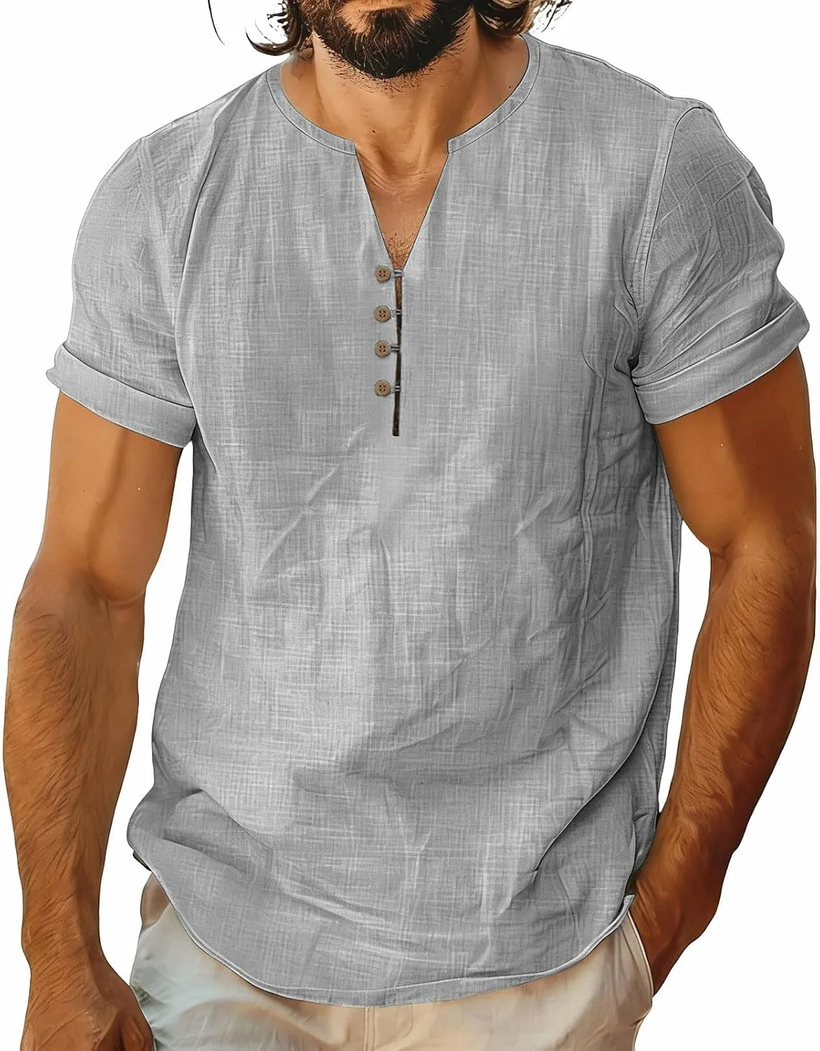 

Льняная рубашка для мужчин V-образный вырез короткий рукав Sdeycui