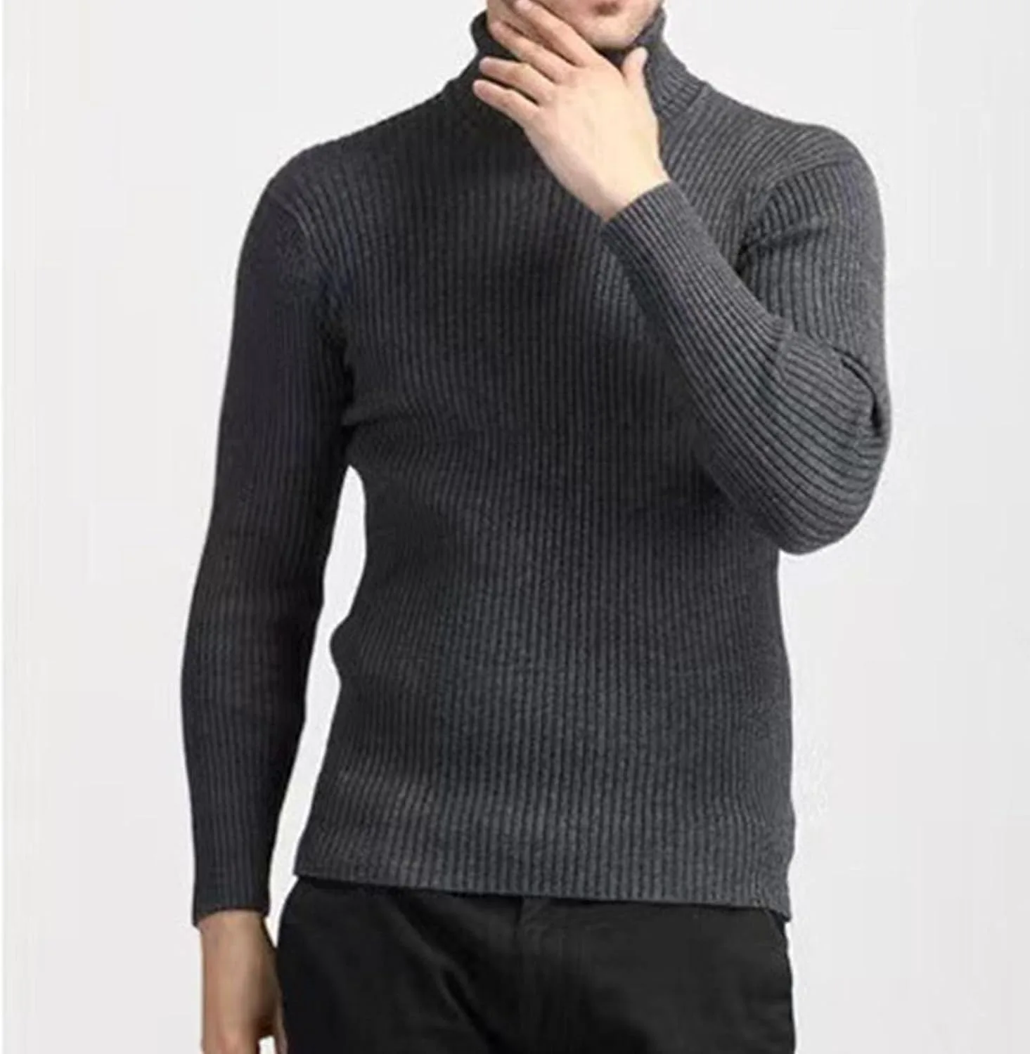 Мужской свитер с воротником-стойкой Slim Fit, теплый, с длинными рукавами — фото 2