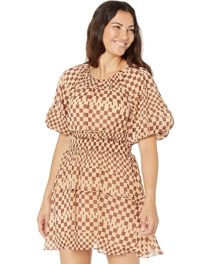

Платье MOON RIVER Grid Print Bubble Sleeve Back Cutout Mini, цвет Tan
