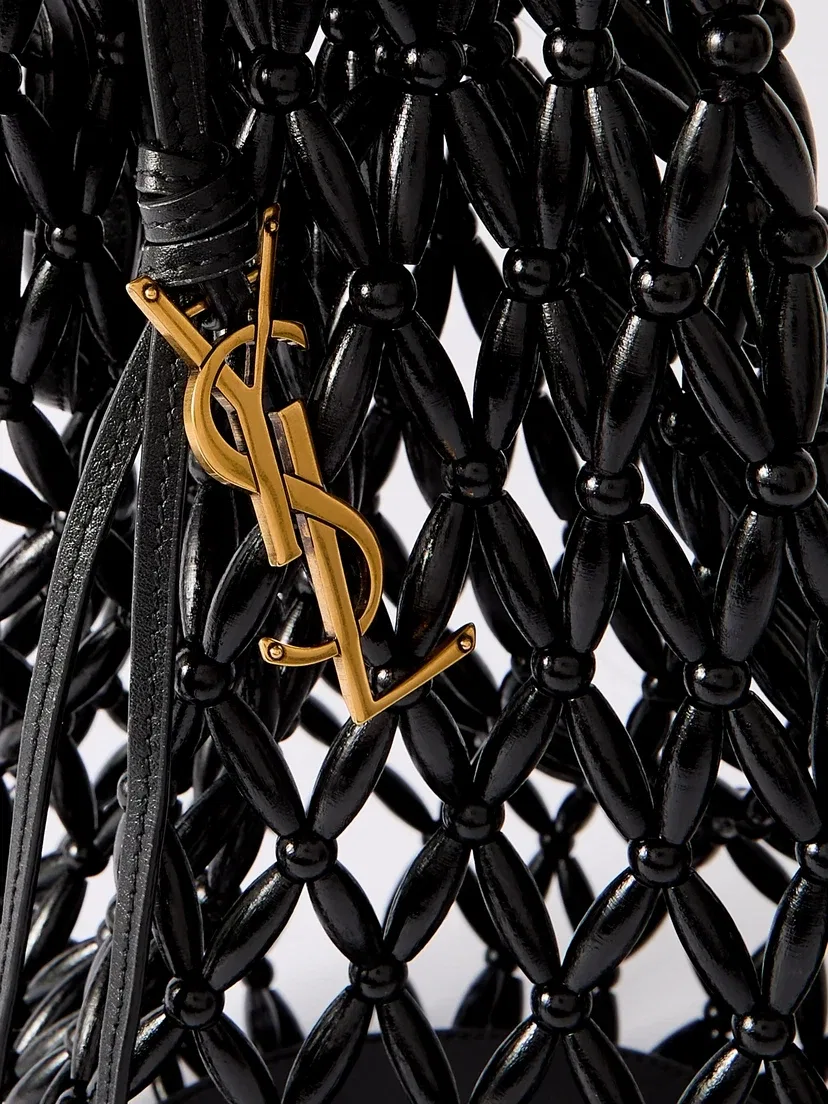 Деревянная сумка-тоут, украшенная бисером и кожей SAINT LAURENT, черный — фото 4