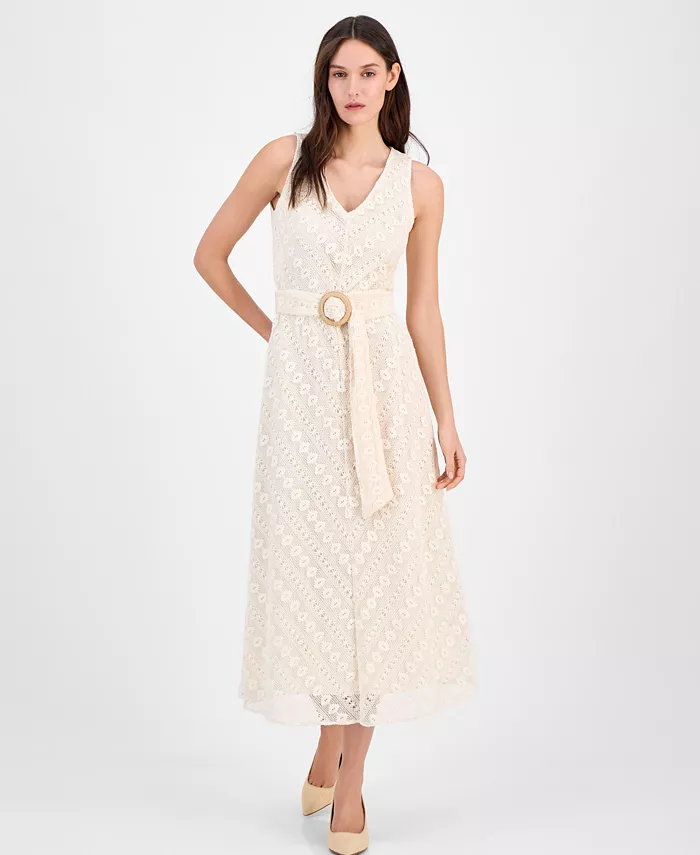 

Женское миди-платье с кружевом и поясом Anne Klein, коричневый/бежевый