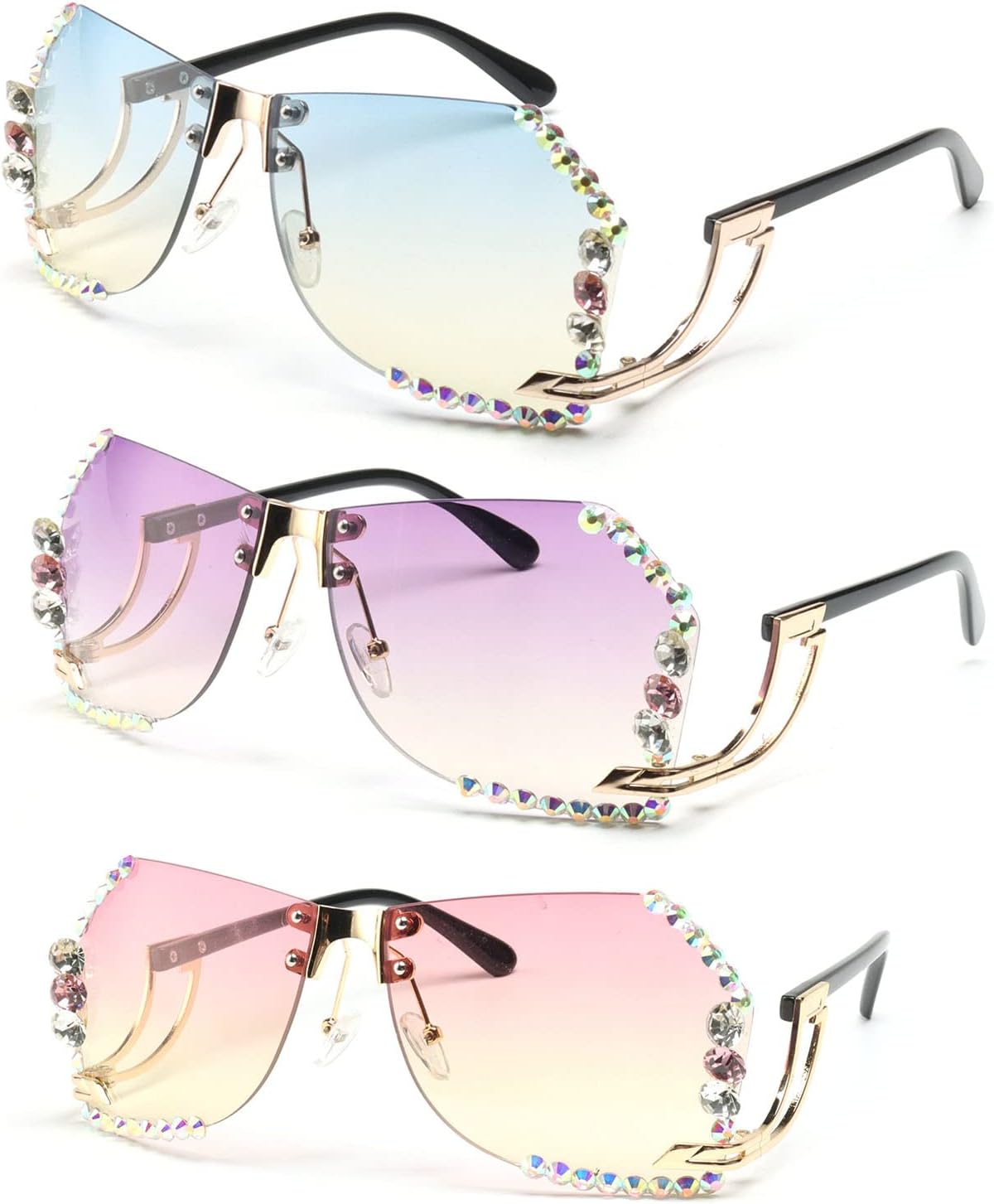 

COTIA Винтажные модные солнцезащитные очки большого размера без оправы, украшенные стразами, для женщин и мужчин, с многоугольными кристаллами и бриллиантами, Blue Yellow&purple&pink Yellow