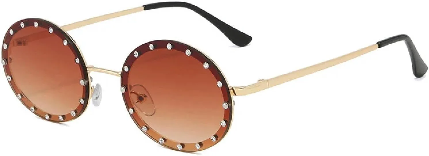 

Роскошные металлические солнцезащитные очки для женщин и мужчин, модные, в круглой безободковой оправе, защита от УФ-излучения UV400 VFDHN, C2 Gold Brown