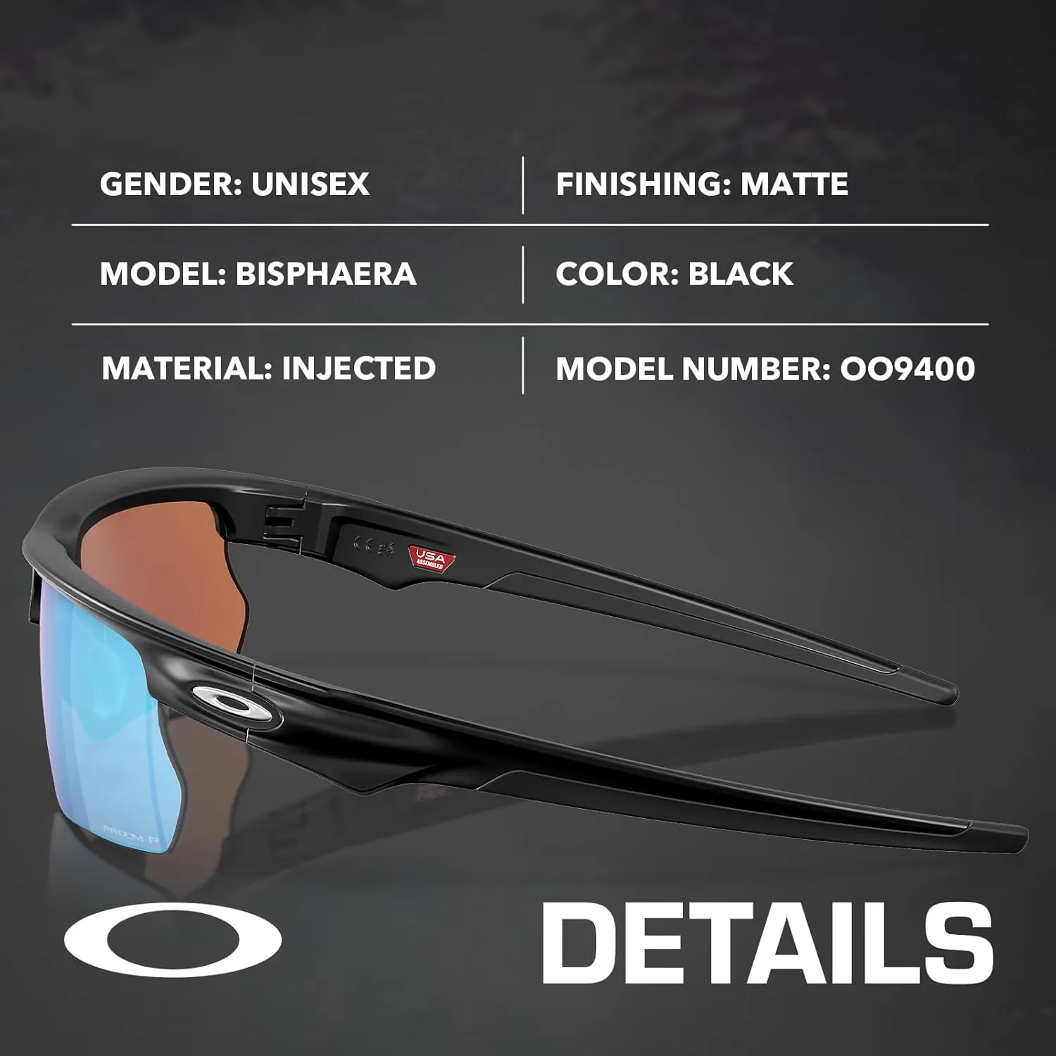 

Солнцезащитные очки Oakley BISPHAERA OO9400 прямоугольной формы в комплекте с официальным набором для очков, Matte Black Frame | Prizm Deep Water Polarized Lens
