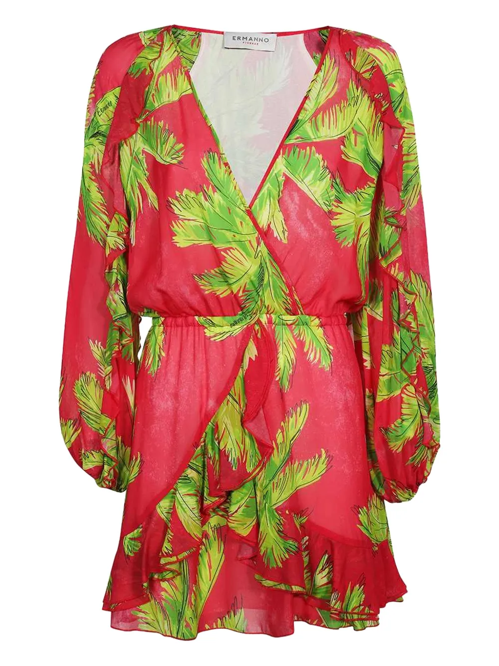 

Мини-платье с пальмовым принтом и оборками Ermanno Scervino, розовый