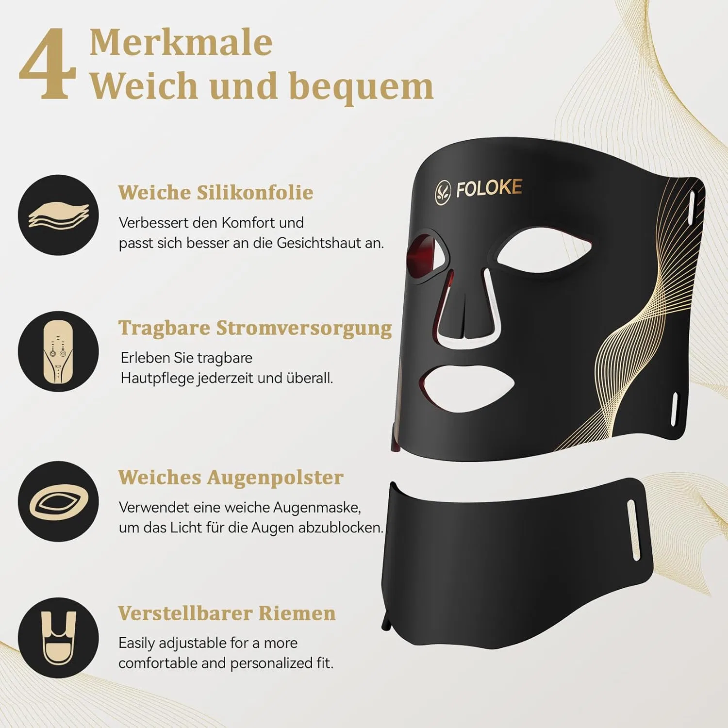 Маска для лица Foloke — LED- с 7 цветами и для шеи от , Black Gold, 140 г — фото 4