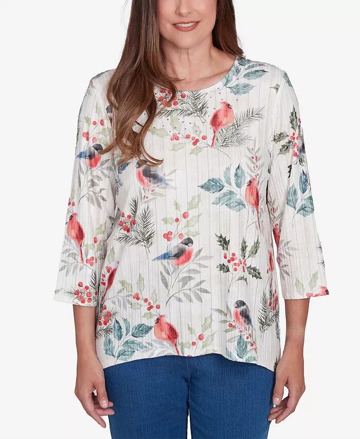 

Petite Classics Топ с круглым вырезом и принтом птиц и листьев падуба Alfred Dunner, коричневый/бежевый