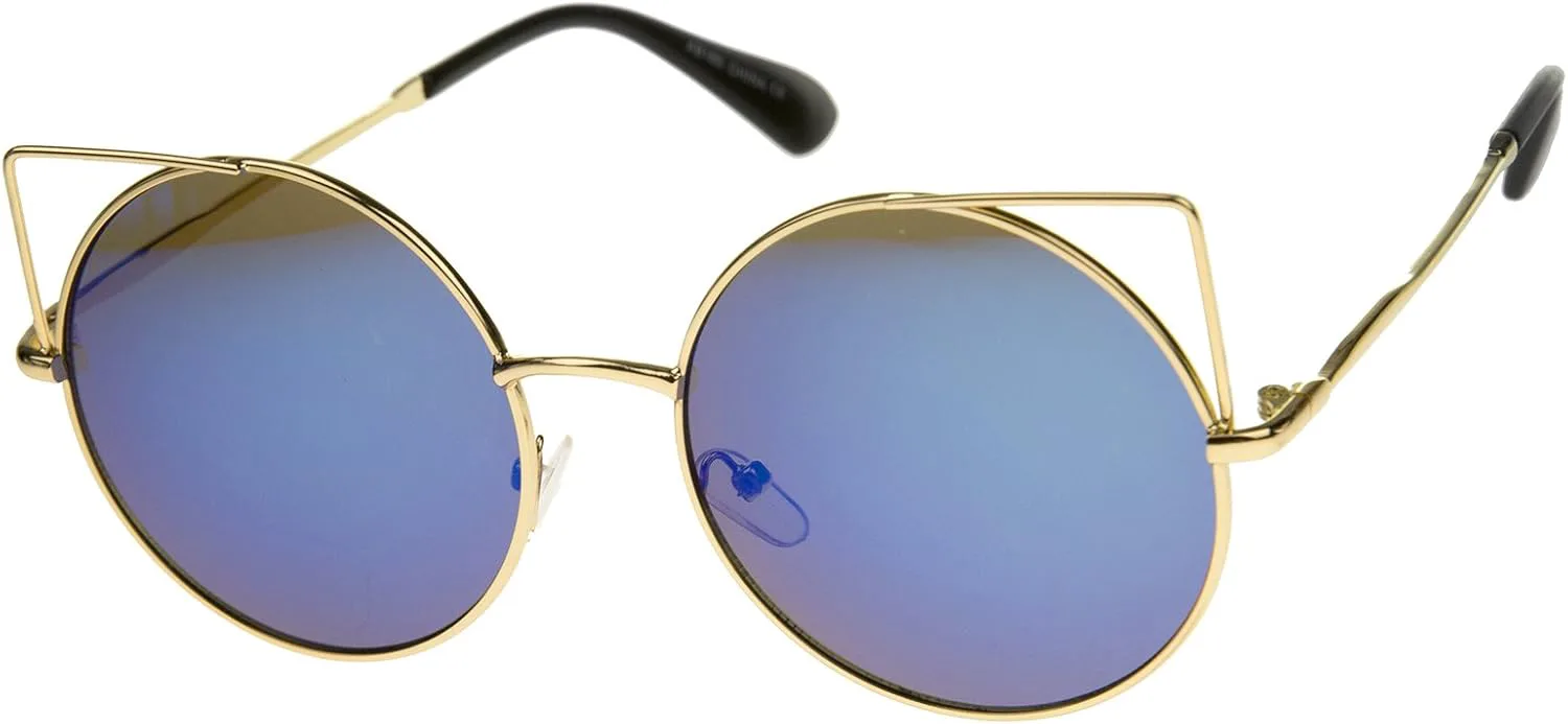 

Женские солнцезащитные очки zeroUV с металлическими линзами, зеркальными вставками, круглой формы, «кошачий глаз», диаметр линз 55 мм, Gold / Blue Mirror