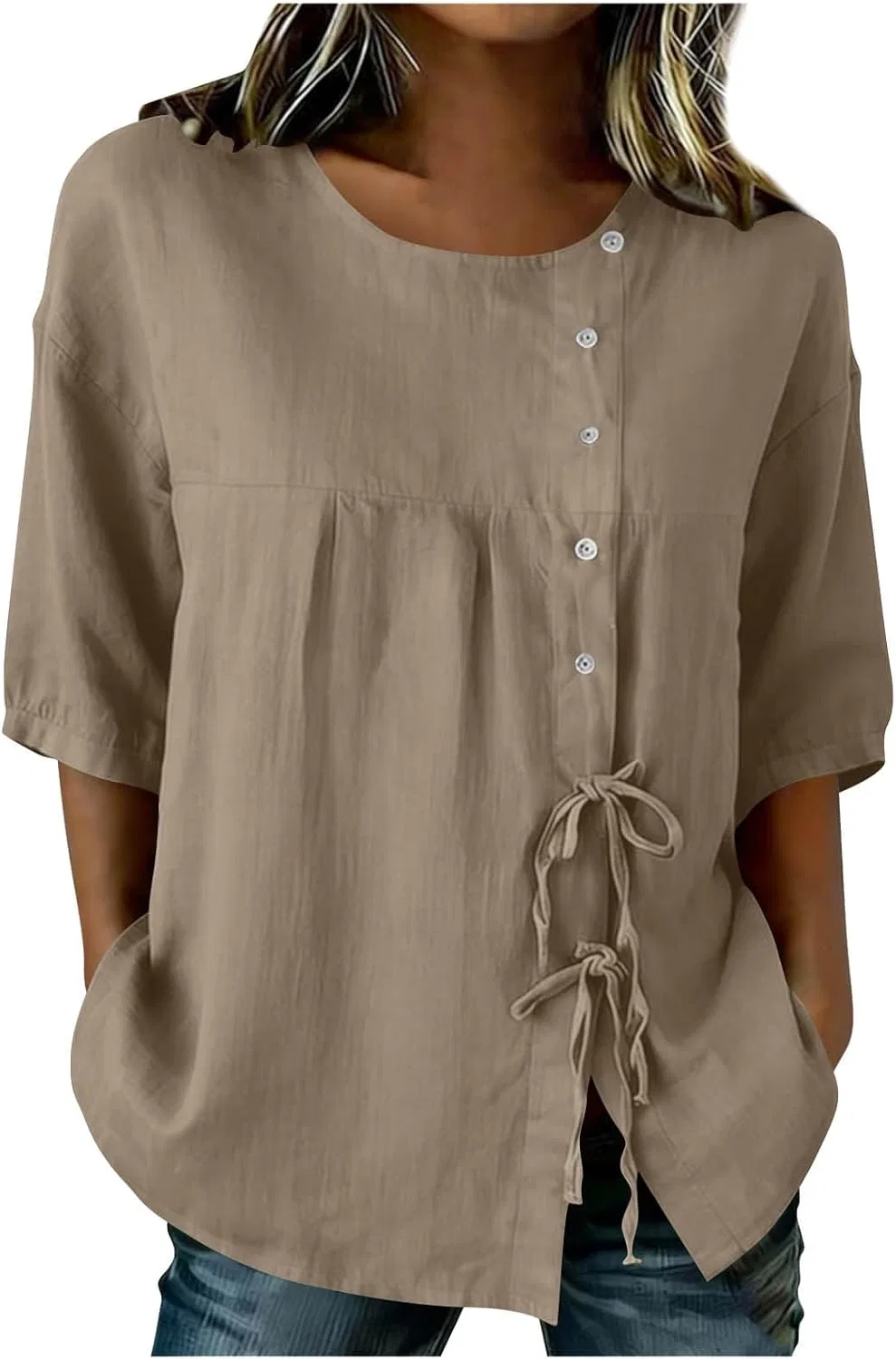 Женская блуза с бантом, Cotton Linen, цвет Khaki