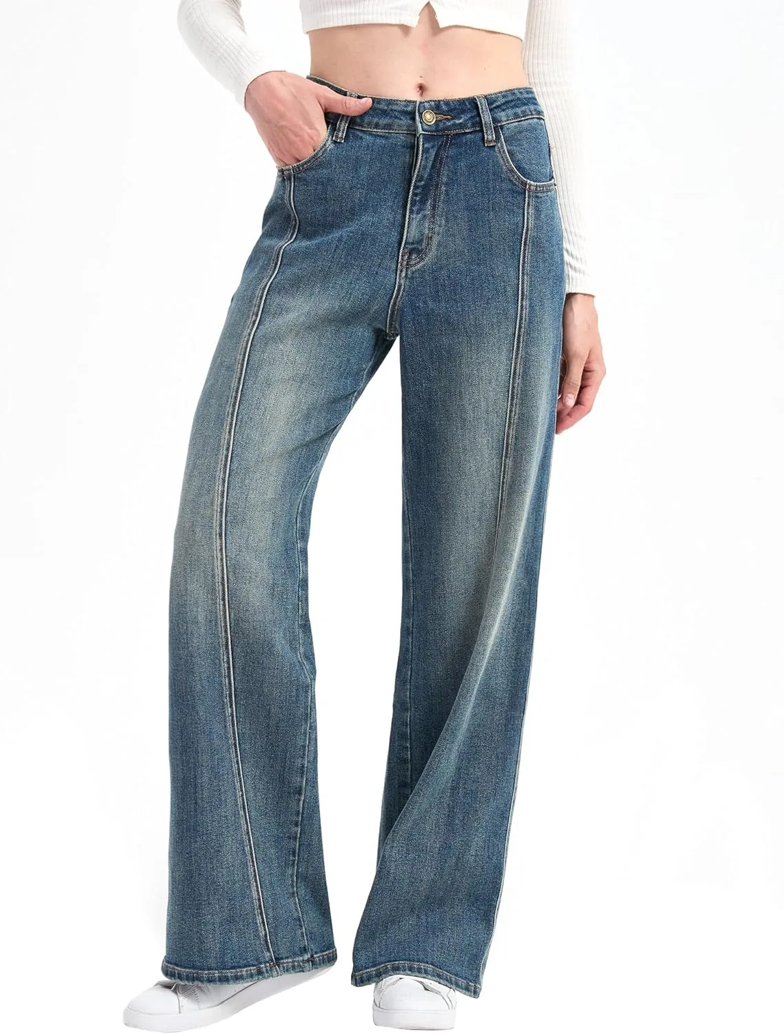 

Женские джинсы Wide Leg High Waist Stretch Denim Loose Fit Straight Leg с карманами Eiaend