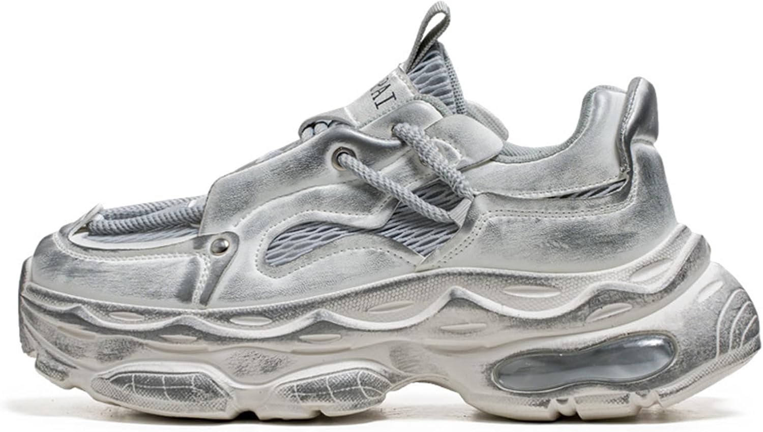 

Мужские ретро кроссовки в стиле «папи» на платформе с шнуровкой, верх из серебристой блестящей вязаной ткани, веревочные шнурки, легкие, мягкий носок, повседневные кроссовки для прогулок и покупок Tengfeifly