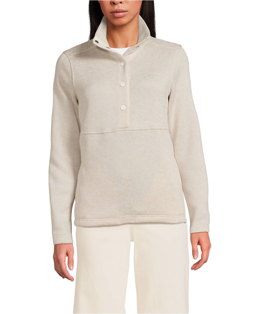 

Женский флисовый свитер-пуловер с воротником на кнопках Lands' End, Ivory sand heather