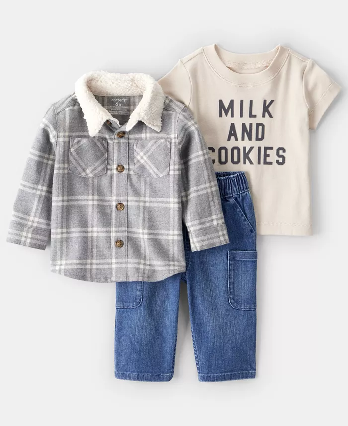 

Мальчиковый комплект из 3 предметов: клетчатая рубашка-куртка с длинным рукавом, футболка и брюки Carter'S, мультиколор