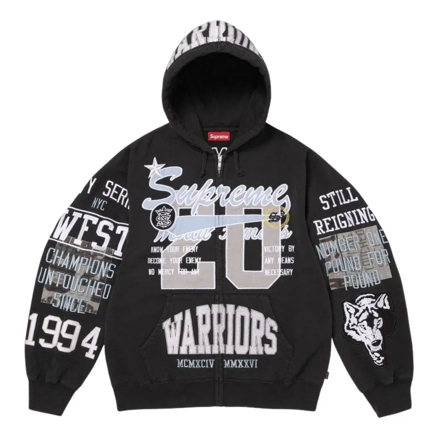 Толстовка Supreme SS26 Warriors с аппликацией и застежкой-молнией, черная, SUP-SS26-212-BLK