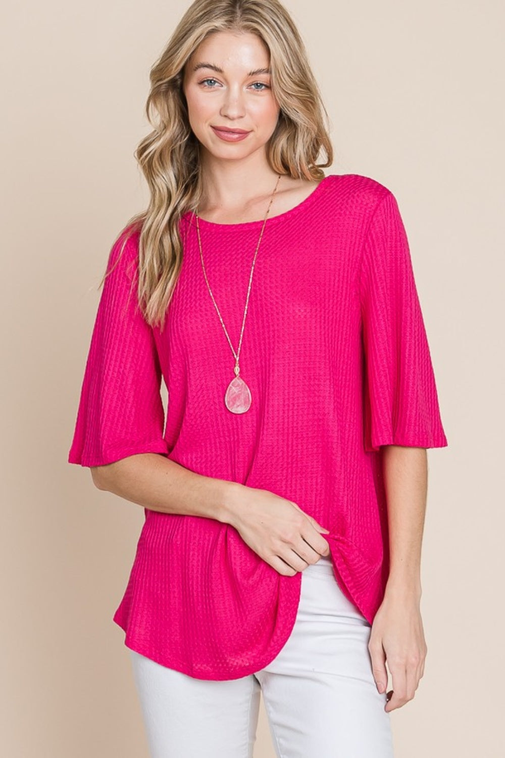 

Футболка с вафельным узором и круглым вырезом FASHNZFAB, фуксия