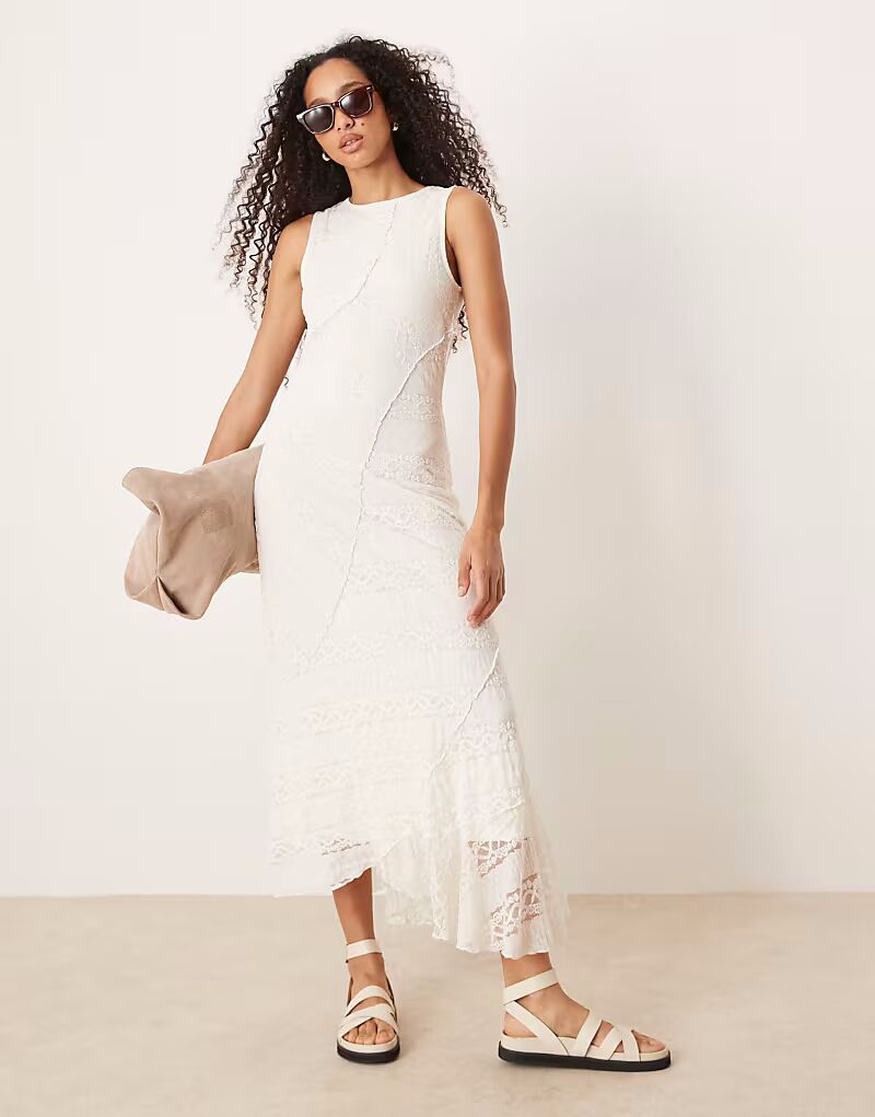 

Платье миди Gina Tricot из старинного кружева без рукавов с асимметричным подолом натурального кремового цвета