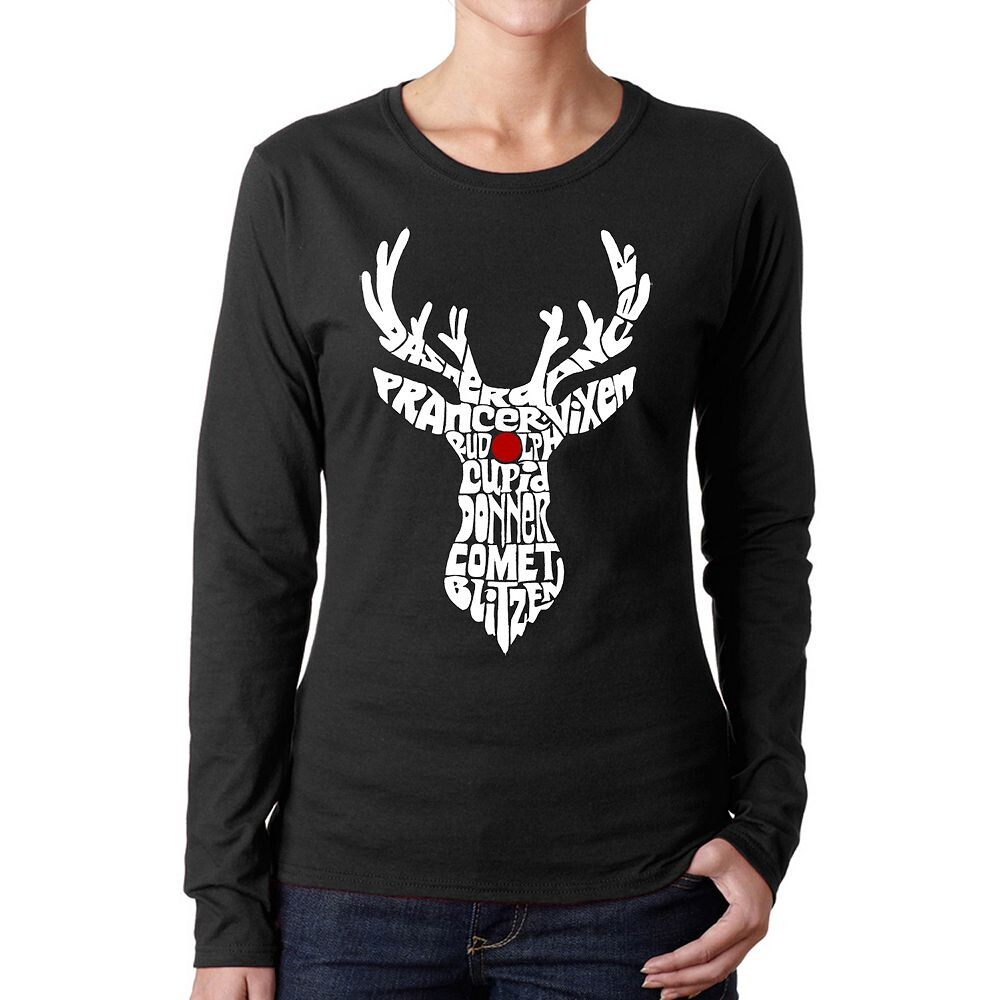 

Женская футболка с длинным рукавом с надписью Word Art — Santa's Reindeer LA Pop Art, черный