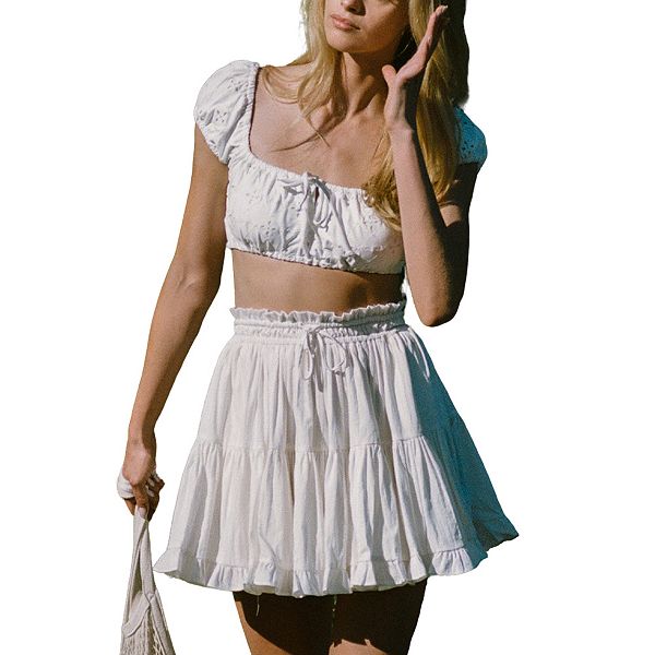 

Женская мини-юбка с ярусами и рюшами на высокой талии с эластичным поясом и шнурком Clearflower, White