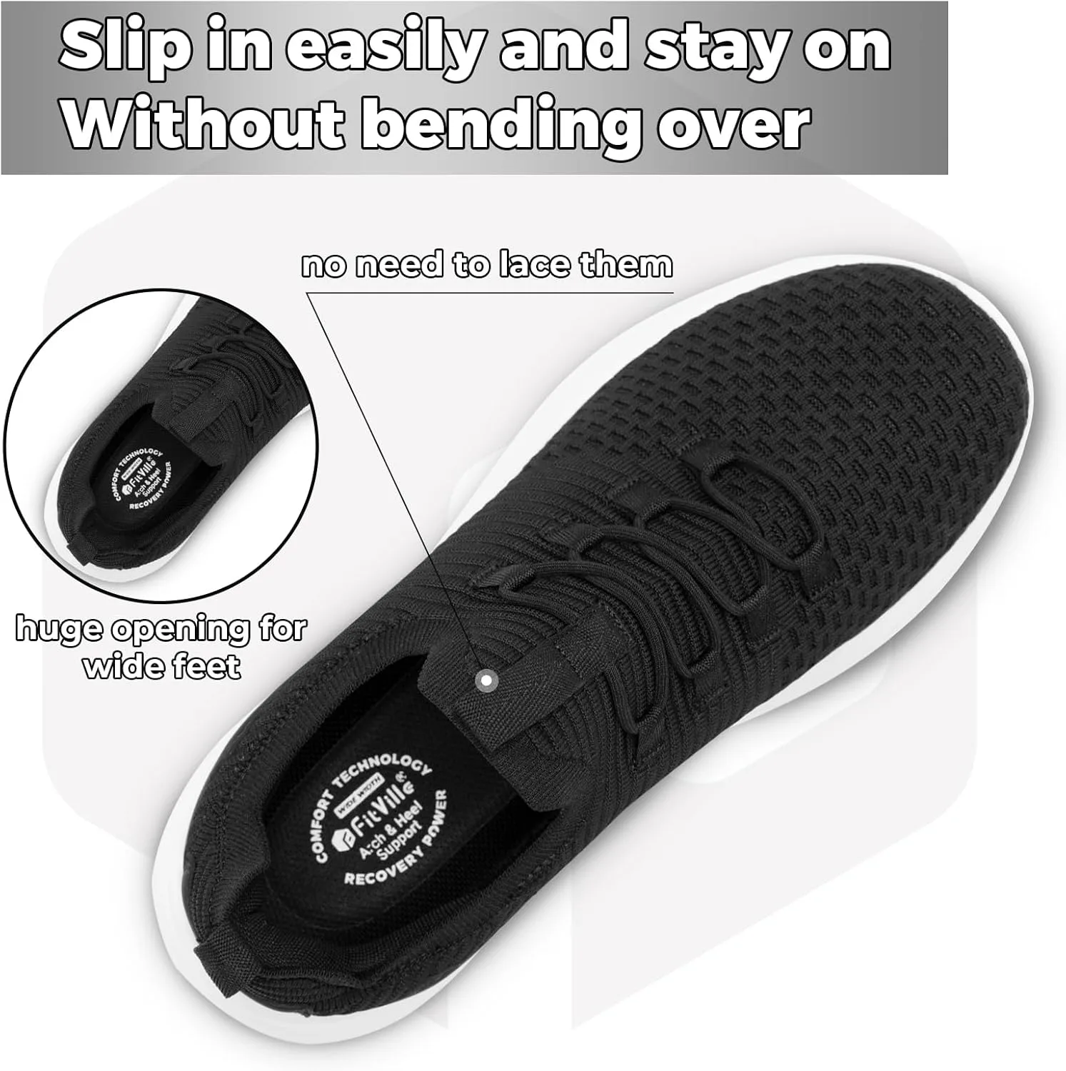 Мужские слипоны FitVille Extra Wide, легкие и дышащие с максимальной амортизацией, черный — фото 2