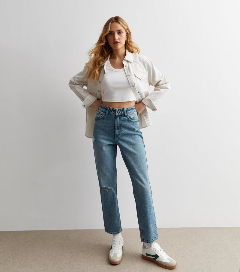 

Синие рваные джинсы Tori Mom с высокой талией до колена New Look, синий