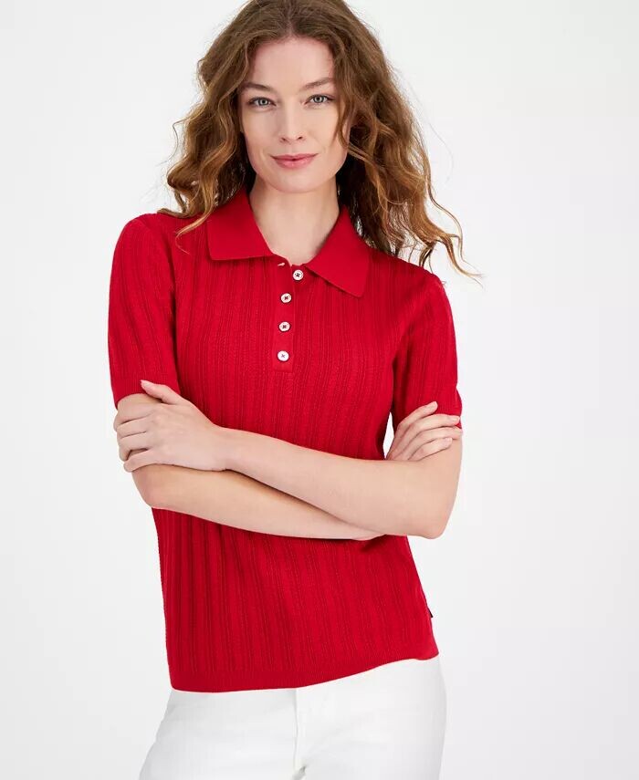 

Женский свитер-поло в рубчик с короткими рукавами Tommy Hilfiger, красный