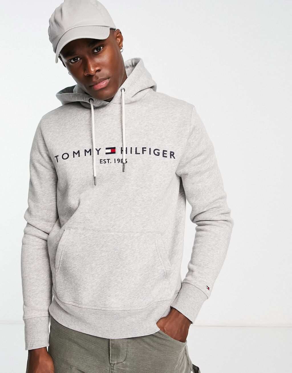 

Серый меланжевый худи с вышитым флагом и логотипом Tommy Hilfiger