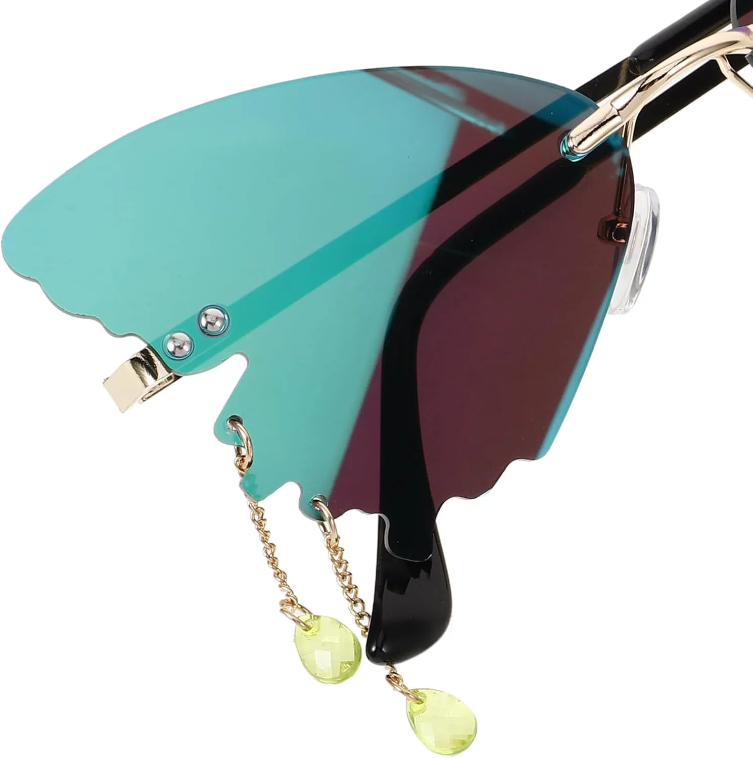 

Солнцезащитные очки-бабочки для женщин, без оправы, металлический каркас, изумрудные линзы, защита от УФ-излучения, модные очки для вечеринок GLSTOY, Multi