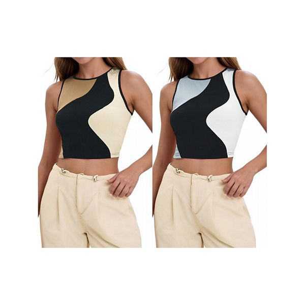 

2 упаковки цветных маек-топов для женщин летние ребристые безрукавки кроп-топы базовые топы для выхода Athlechic, Black Brown Black Gray