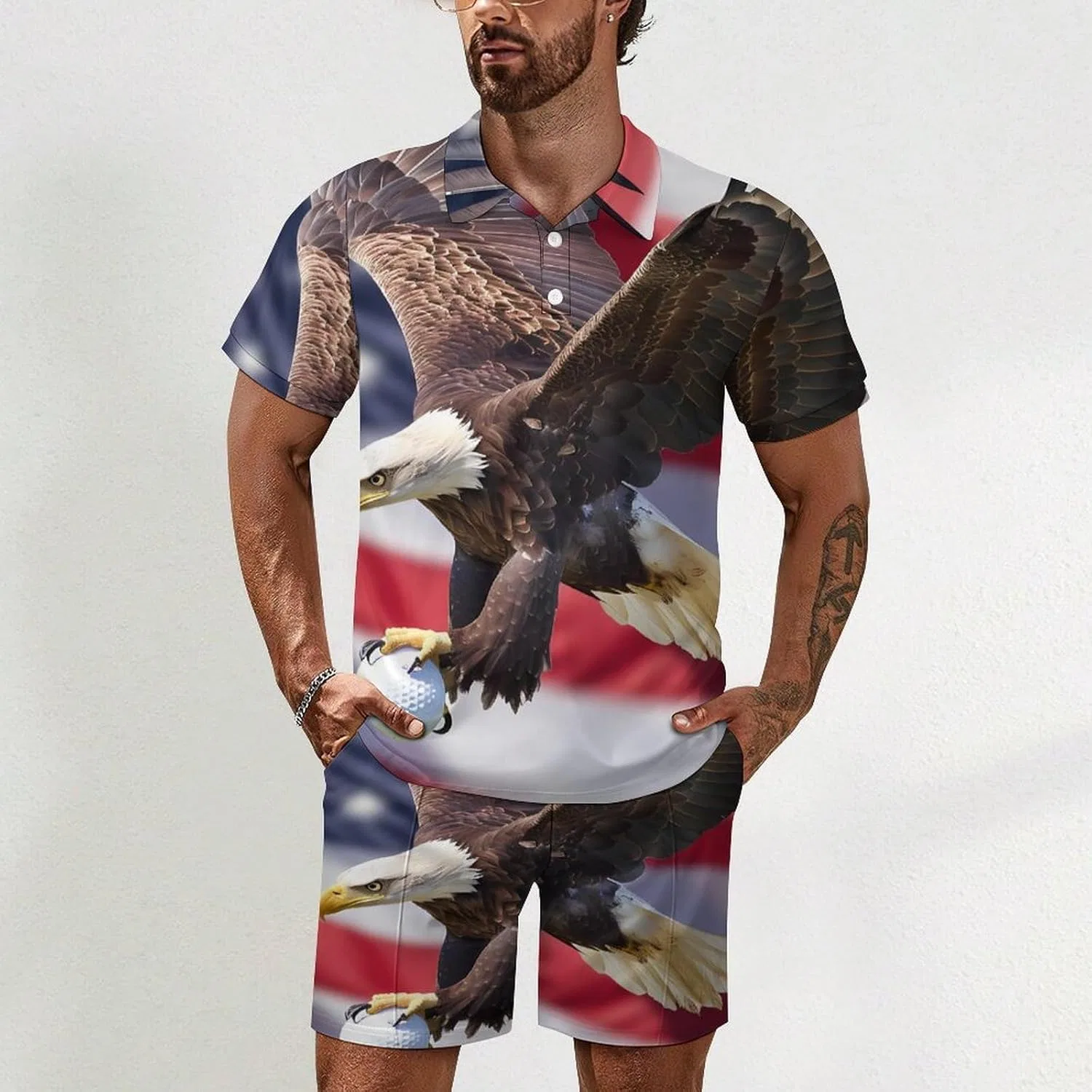 Мужской спортивный костюм с поло и шортами, флаг США и орел, Style — фото 2