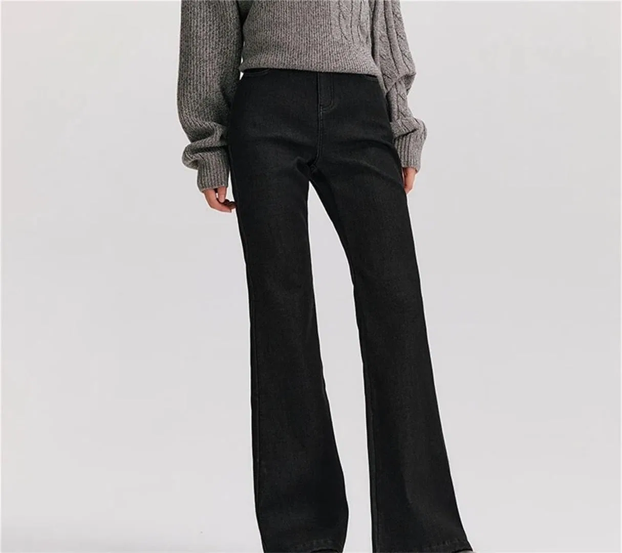Джинсы утепленные, Women Warm Fleece Lined Floor Length Jeans Winter Flare Pants Leg Lengthening Cool Denim, Black — фото 2