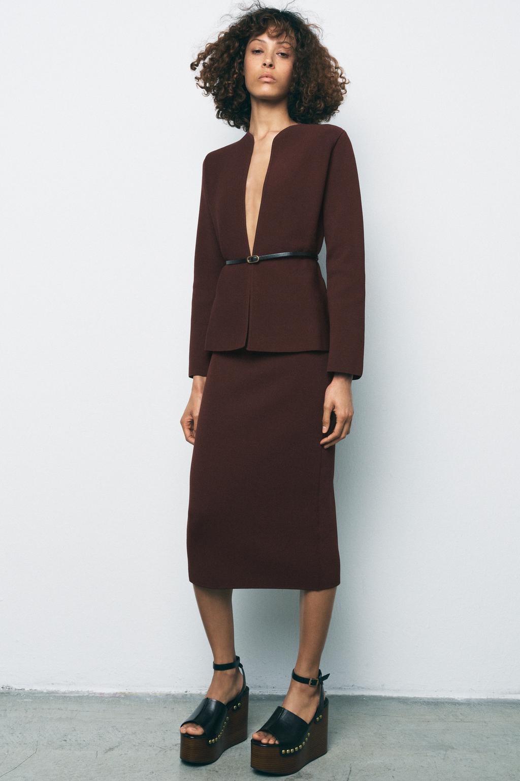 

Однотонная трикотажная юбка-карандаш ZARA, коричневый